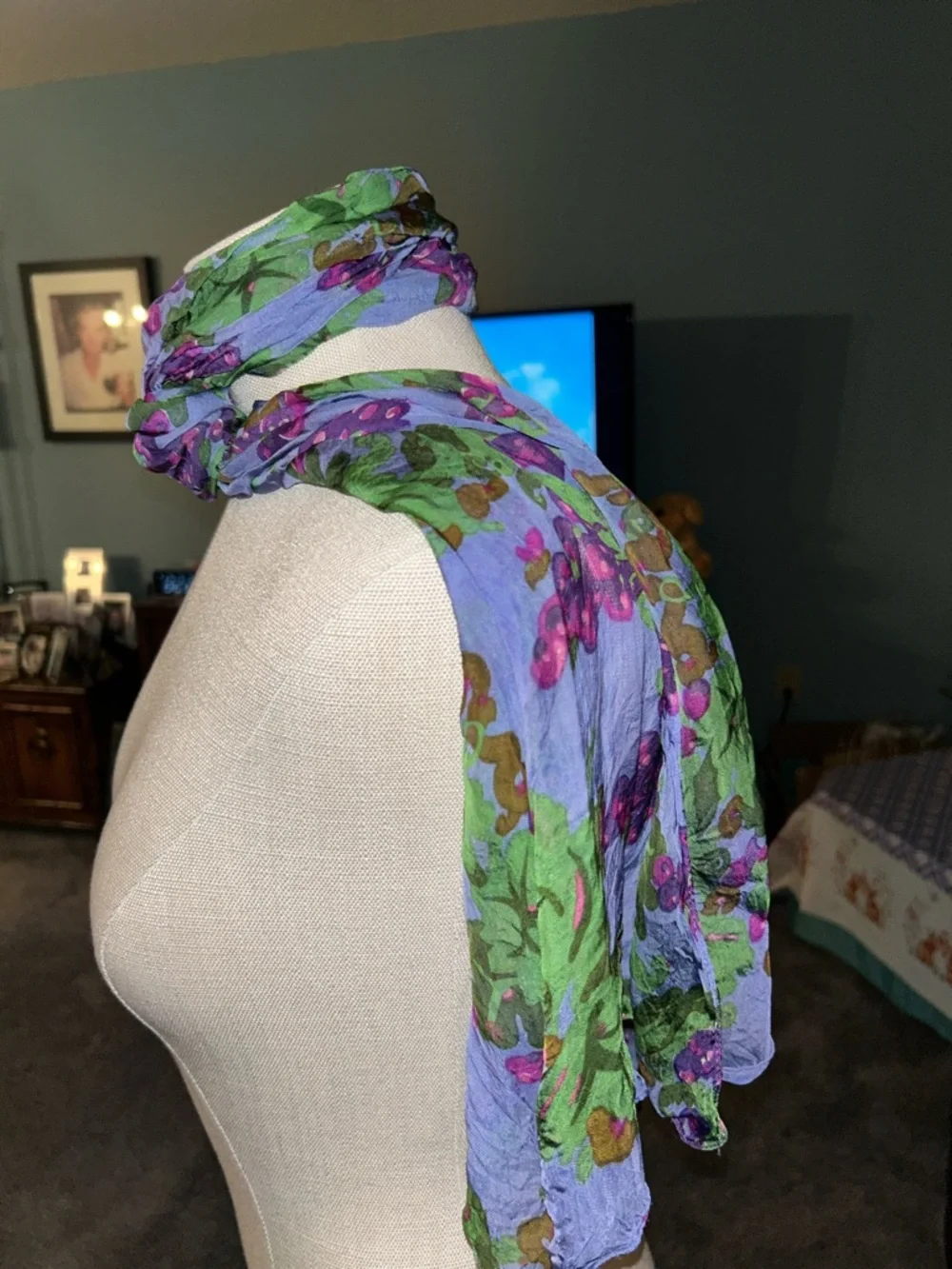 Lightweight Floral Scarf in Lavender and Green - Picture 3 of 7